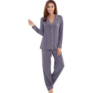 WiWi Pajamas Womens Large Gray Bamboo Viscose Soft Luxury Button Down Sleep Set